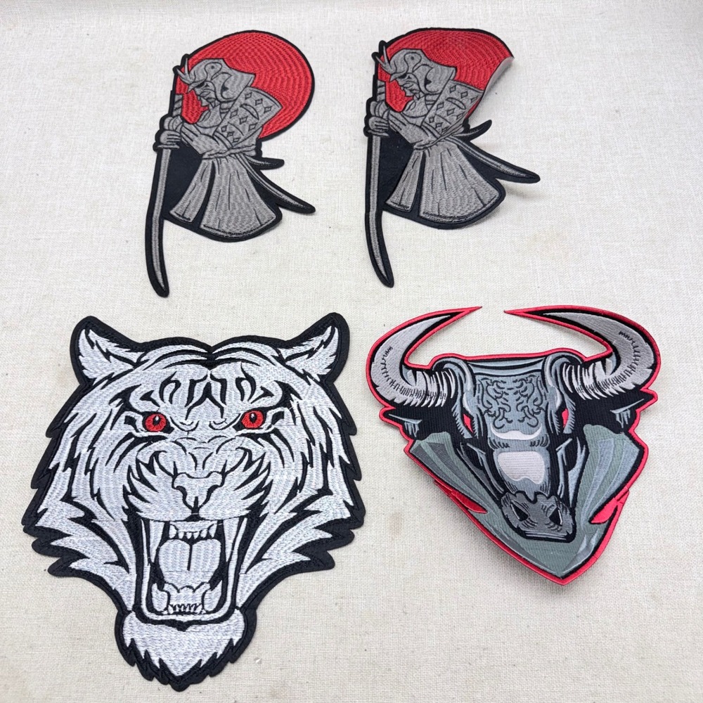 4pc Large Embroidered Patch Set White Tiger Bull Samurai Iron On Biker Jacket